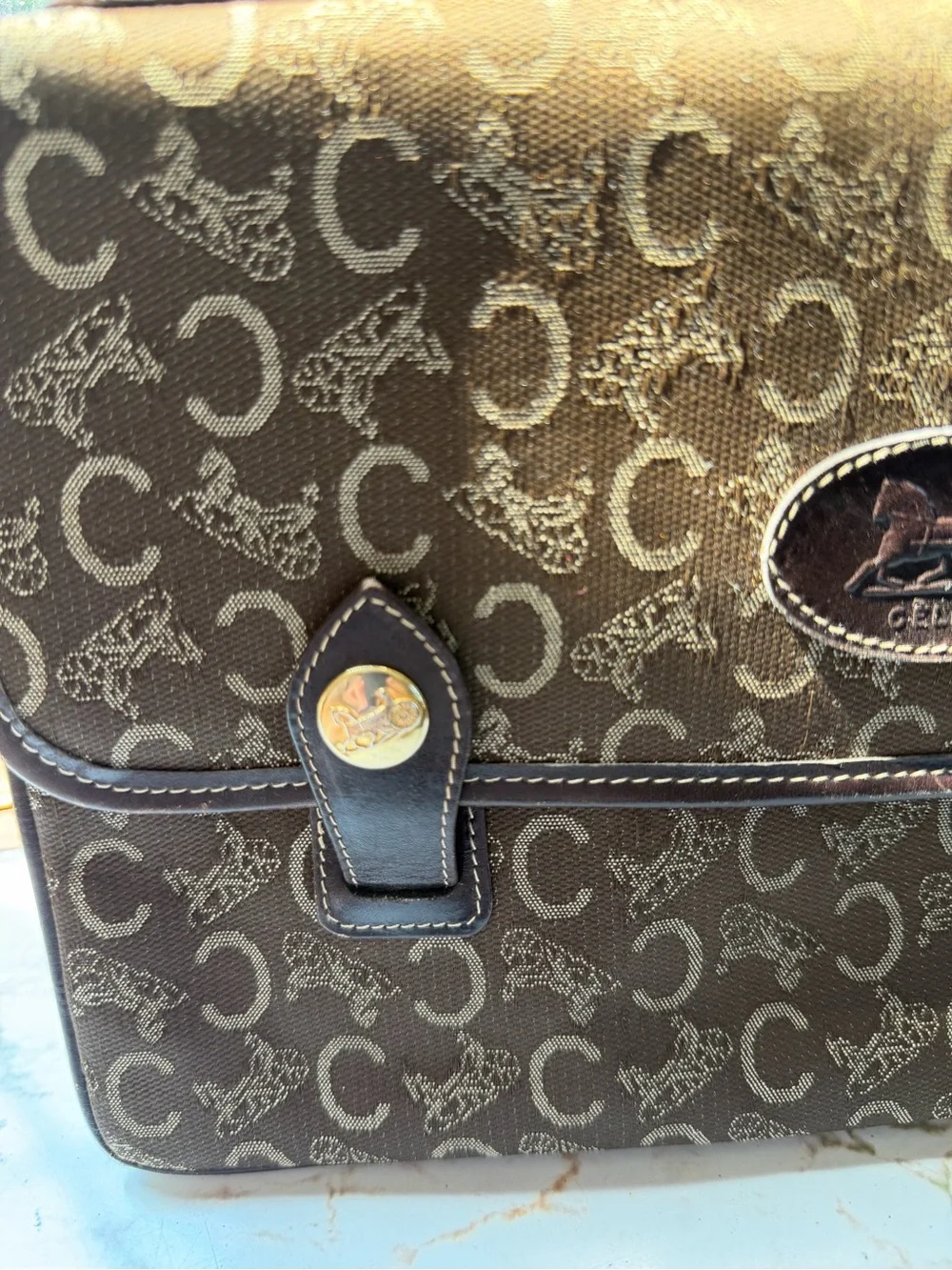 Vintage Celine C Macadam Monogram Horse & Carriage Top Handle Flap Bag - Brown